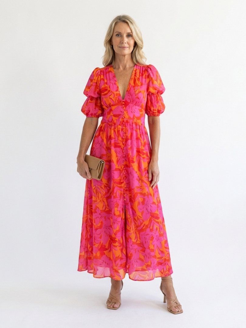 Willow pink floral midi dress with puff sleeves and V-neck