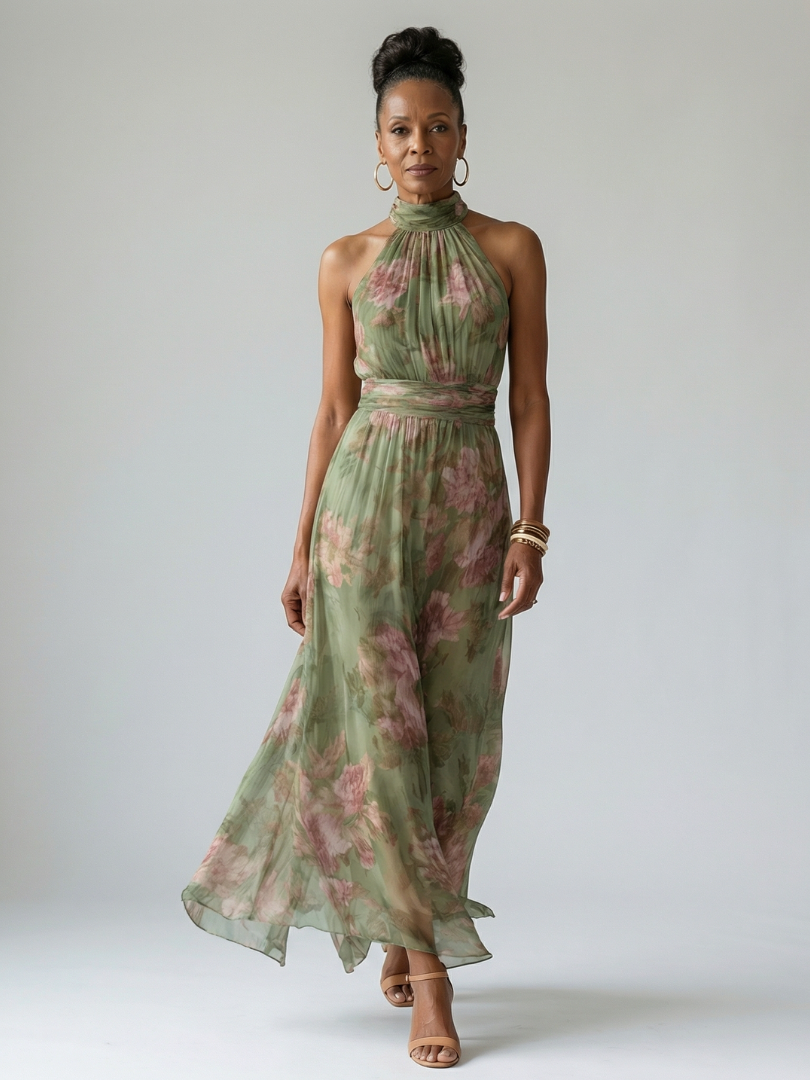 Mirelle sage green ruched halter midi dress