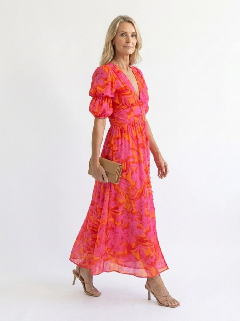 Willow pink floral midi dress with puff sleeves and V-neck