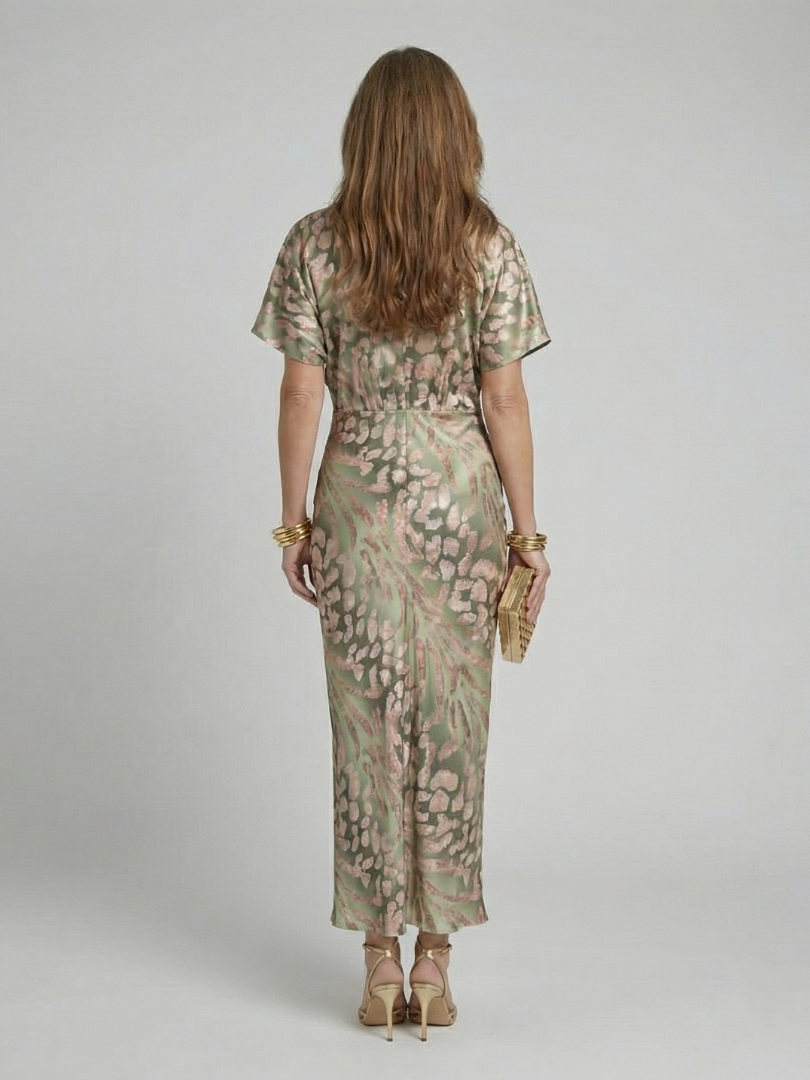 Coralie green abstract print midi dress with V-neck and twisted waist