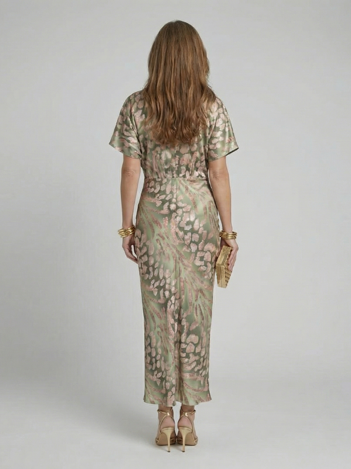 Coralie green abstract print midi dress with V-neck and twisted waist
