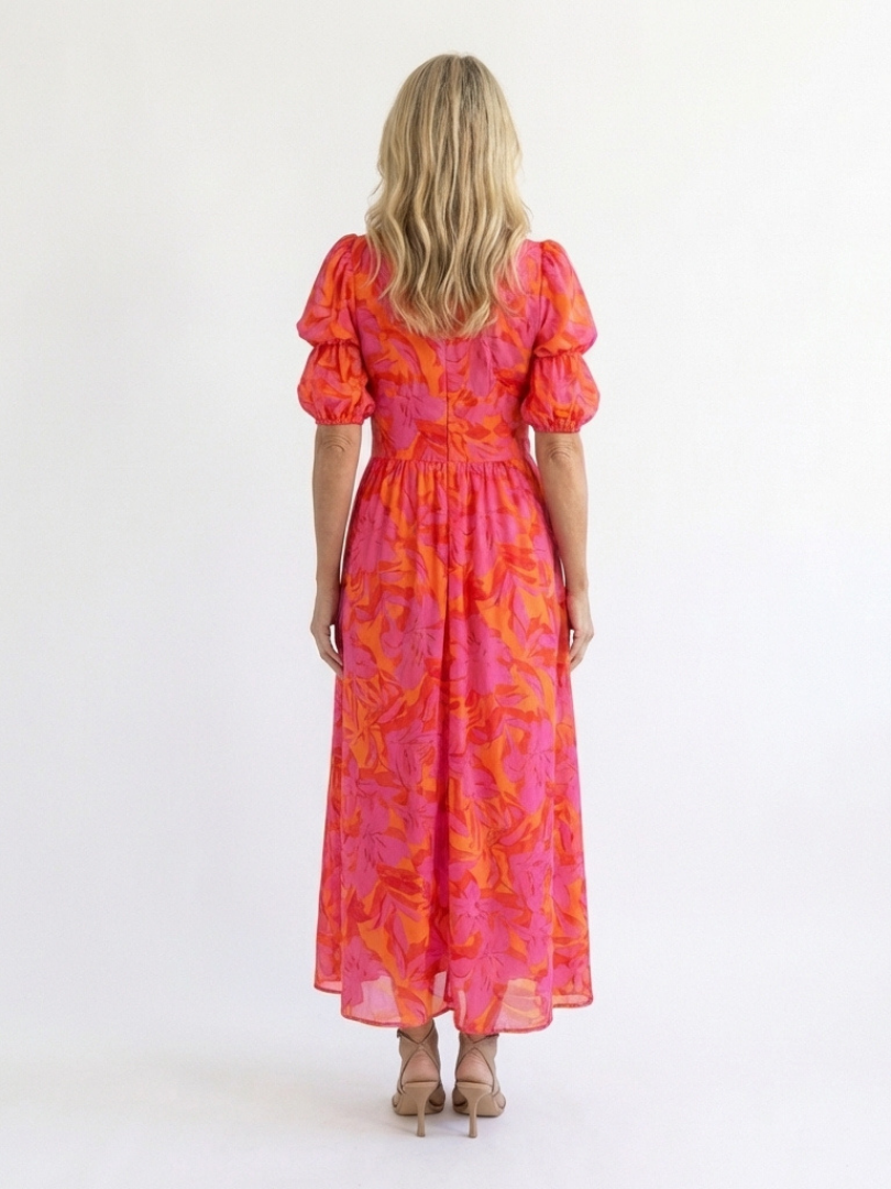 Willow pink floral midi dress with puff sleeves and V-neck