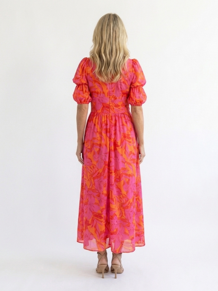 Willow pink floral midi dress with puff sleeves and V-neck