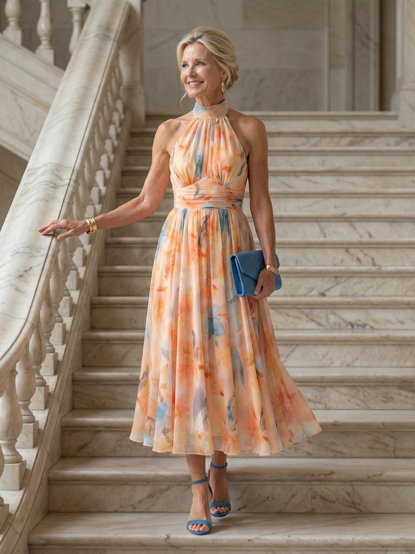 Elin multicolour halter neck midi dress