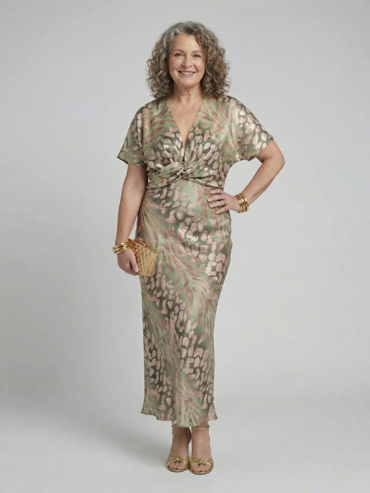 Coralie green abstract print midi dress with V-neck and twisted waist