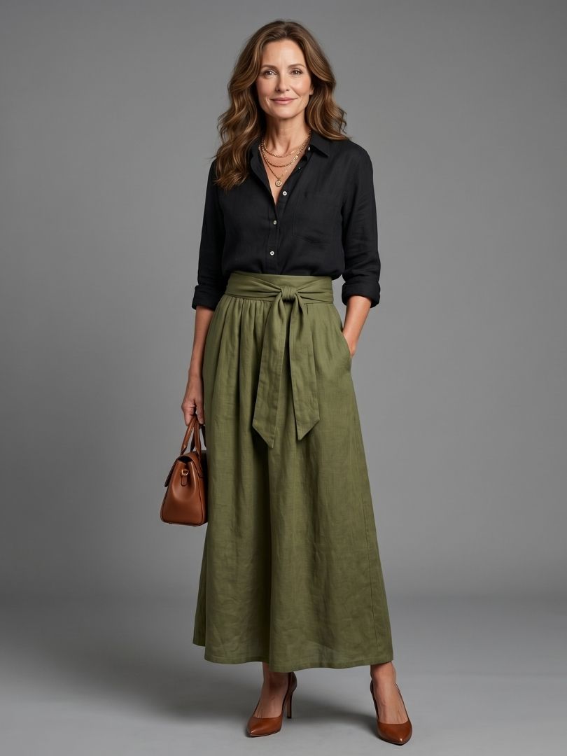 Vera two-piece black blouse and olive green midi skirt set