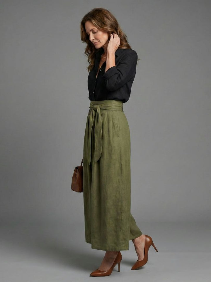 Vera two-piece black blouse and olive green midi skirt set