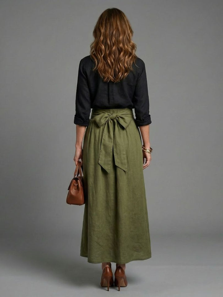 Vera two-piece black blouse and olive green midi skirt set