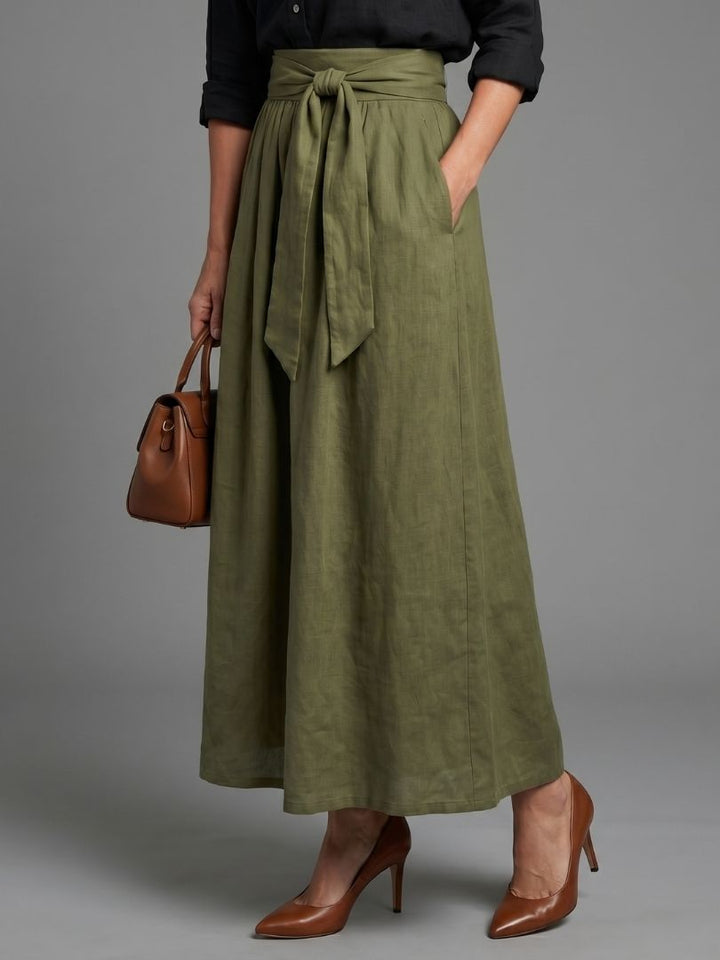 Vera two-piece black blouse and olive green midi skirt set