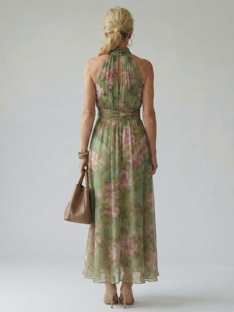 Mirelle sage green ruched halter midi dress