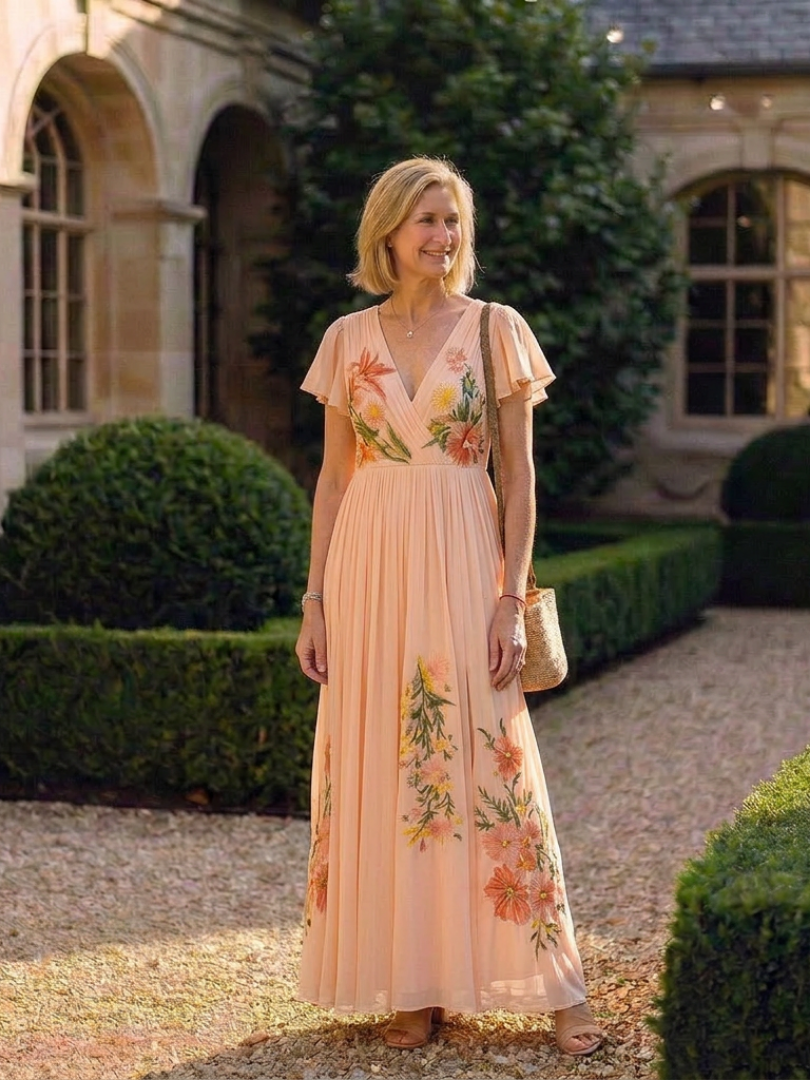 Calista pleated floral maxi dress with V-neck and short sleeves