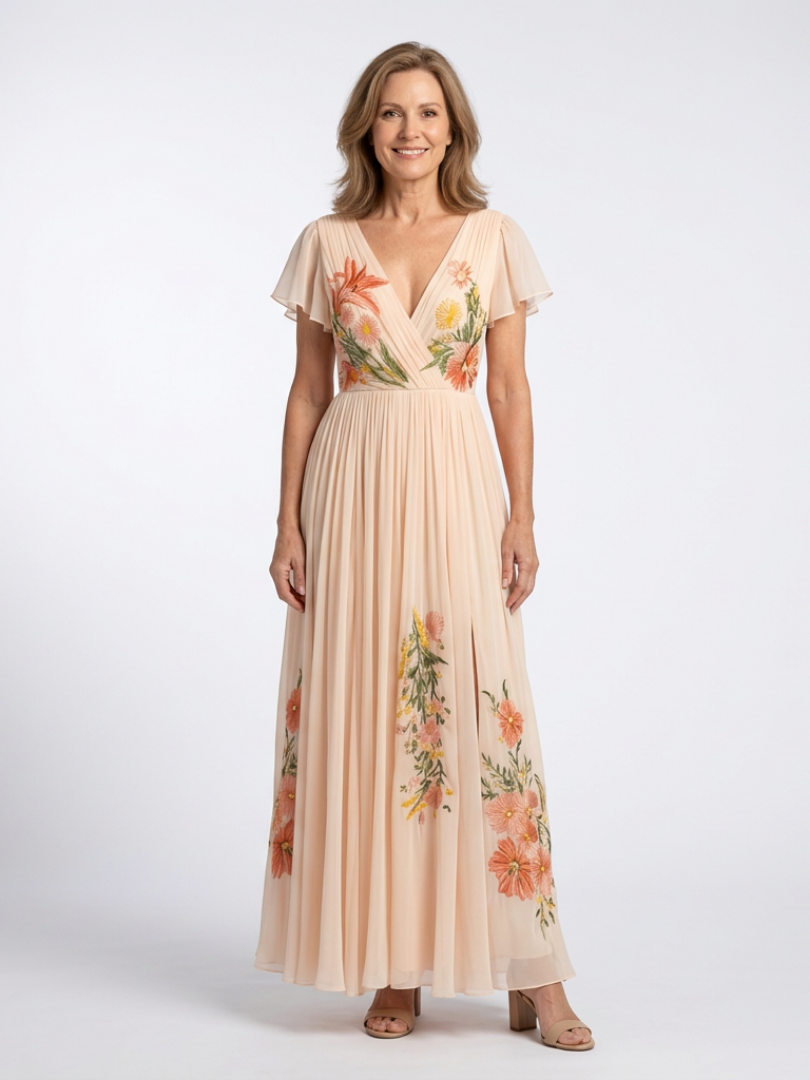 Calista pleated floral maxi dress with V-neck and short sleeves